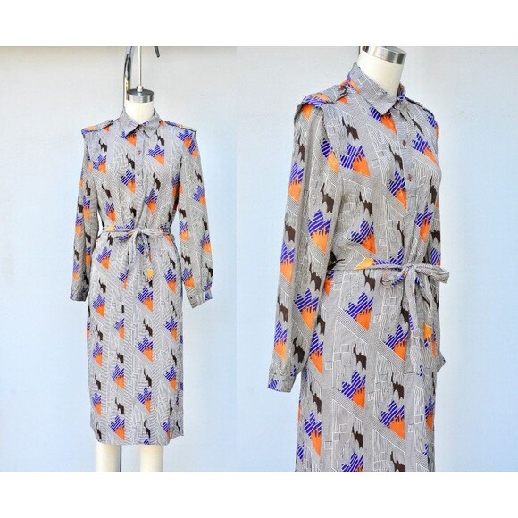 Vintage Pierre Balmain Paris Dress 70s 80s Peter Pan Collar Psychedelic XS S M - Picture 1 of 9